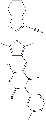 2-{2,5-dimethyl-3-[(1-(3-methylphenyl)-4,6-dioxo-2-thioxotetrahydro-5(2H)-pyrimidinylidene)methyl]-1H-pyrrol-1-yl}-4,5,6,7-tetrahydro-1-benzothiophene-3-carbonitrile Structure