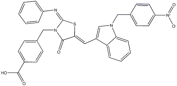 4-{[5-[(1-{4-nitrobenzyl}-1H-indol-3-yl)methylene]-4-oxo-2-(phenylimino)-1,3-thiazolidin-3-yl]methyl}benzoic acid 化学構造式