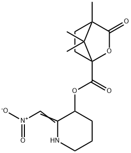 (2E)-2-(nitromethylidene)piperidin-3-yl 4,7,7-trimethyl-3-oxo-2-oxabicyclo[2.2.1]heptane-1-carboxylate Structure