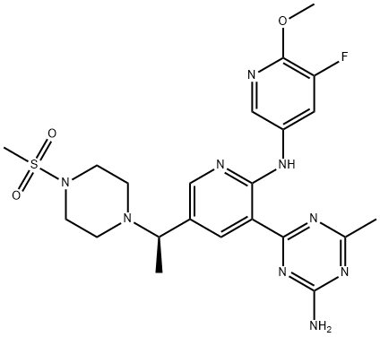 (R)-4-(2-((5-氟-6-甲氧基吡啶-3-基)氨基)-5-(1-(4-(甲基磺酰基)哌嗪-1-基)乙基)吡啶-3-基)-6-甲基-1,3,5-三嗪-2-胺 结构式