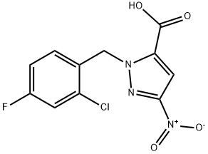 1-[(2-chloro-4-fluorophenyl)methyl]-3-nitro-1H-pyrazole-5-carboxylic acid 化学構造式