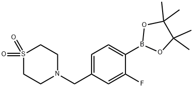 4-{[3-fluoro-4-(4,4,5,5-tetramethyl-1,3,2-dioxaborolan-2-yl)phenyl]methyl}-1λ-thiomorpholine-1,1-dione Struktur