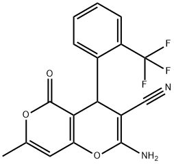 2-amino-7-methyl-5-oxo-4-[2-(trifluoromethyl)phenyl]-4H,5H-pyrano[4,3-b]pyran-3-carbonitrile 化学構造式