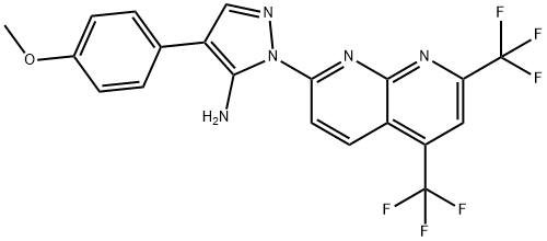 1H-Pyrazol-5-amine,1-[5,7-bis(trifluoromethyl)-1,8-naphthyridin-2-yl]-4-(4-methoxyphenyl)-(9CI),321522-21-8,结构式