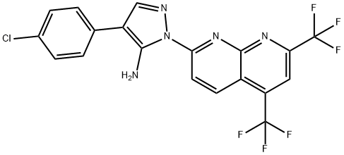 1H-Pyrazol-5-amine,1-[5,7-bis(trifluoromethyl)-1,8-naphthyridin-2-yl]-4-(4-chlorophenyl)-(9CI) Structure