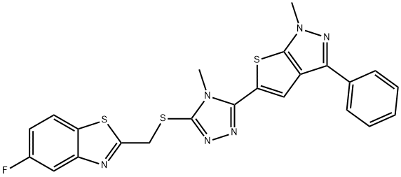 5-fluoro-2-({[4-methyl-5-(1-methyl-3-phenyl-1H-thieno[2,3-c]pyrazol-5-yl)-4H-1,2,4-triazol-3-yl]sulfanyl}methyl)-1,3-benzothiazole Structure