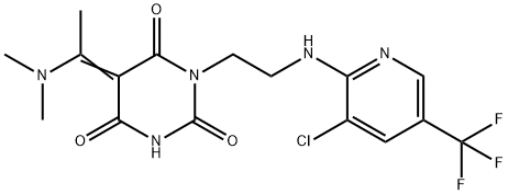 (5E)-1-(2-{[3-chloro-5-(trifluoromethyl)pyridin-2-yl]amino}ethyl)-5-[1-(dimethylamino)ethylidene]-1,3-diazinane-2,4,6-trione Structure