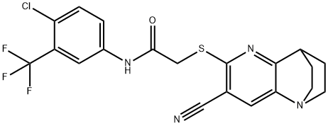N-[4-chloro-3-(trifluoromethyl)phenyl]-2-[(4-cyano-1,6-diazatricyclo[6.2.2.0~2,7~]dodeca-2,4,6-trien-5-yl)sulfanyl]acetamide Struktur