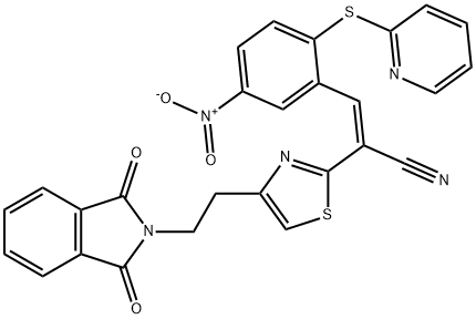 (2Z)-2-{4-[2-(1,3-dioxo-2,3-dihydro-1H-isoindol-2-yl)ethyl]-1,3-thiazol-2-yl}-3-[5-nitro-2-(pyridin-2-ylsulfanyl)phenyl]prop-2-enenitrile 化学構造式