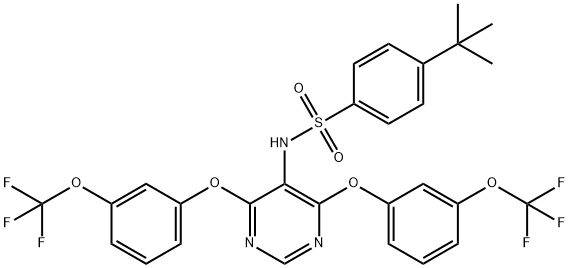 N-{4,6-bis[3-(trifluoromethoxy)phenoxy]pyrimidin-5-yl}-4-tert-butylbenzene-1-sulfonamide Struktur