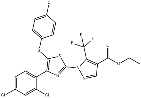 ethyl 1-[5-[(4-chlorophenyl)sulfanyl]-4-(2,4-dichlorophenyl)-1,3-thiazol-2-yl]-5-(trifluoromethyl)-1H-pyrazole-4-carboxylate Struktur