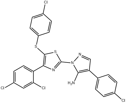 4-(4-chlorophenyl)-1-[5-[(4-chlorophenyl)sulfanyl]-4-(2,4-dichlorophenyl)-1,3-thiazol-2-yl]-1H-pyrazol-5-amine 结构式