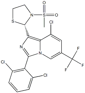 (2S)-2-[8-chloro-3-(2,6-dichlorophenyl)-6-(trifluoromethyl)imidazo[1,5-a]pyridin-1-yl]-3-methanesulfonyl-1,3-thiazolidine 化学構造式