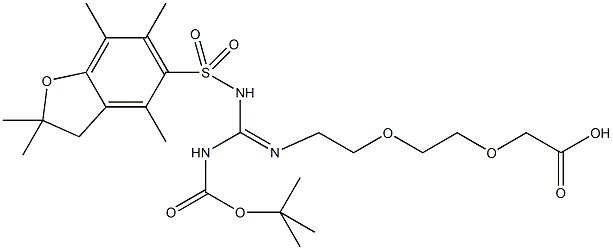 Boc,Pbf-amidino-Ado, Boc,Pbf-amidino-AEEA, 8-[N-t-Butyloxycarbonyl-N-(2,2,4,6,7-pentamethyldihydrobenzofuran-5-sulfonyl)]amidino-3,6-dioxaoctanoic acid, {2-[2-(N-Boc-N-Pbf-amidino)ethoxy]ethoxy}acetic acid 化学構造式