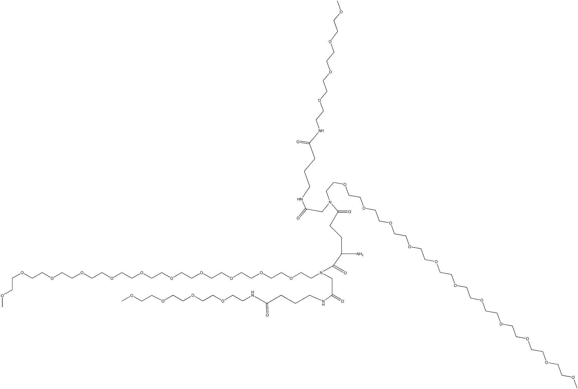 2-amino-N1,N5-bis(15,20-dioxo-2,5,8,11-tetraoxa-14,19-diazahenicosan-21-yl)-N1,N5-bis[omega-methoxy-undeca(ethylenglycol)-omega-yl]pentanediamide,,结构式