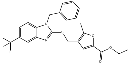 ethyl 4-[[1-benzyl-5-(trifluoromethyl)benzimidazol-2-yl]sulfanylmethyl]-5-methylfuran-2-carboxylate,1049158-04-4,结构式