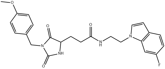 N-[2-(6-fluoroindol-1-yl)ethyl]-3-[1-[(4-methoxyphenyl)methyl]-2,5-dioxoimidazolidin-4-yl]propanamide Struktur