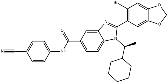 (S)-2-(6-bromobenzo[d][1,3]dioxol-5-yl)-N-(4-cyanophenyl)-1-(1-cyclohexylethyl)-1H-benzo[d]imidazole-5-carboxamide Structure