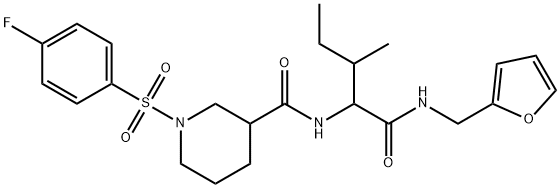 1-(4-fluorophenyl)sulfonyl-N-[1-(furan-2-ylmethylamino)-3-methyl-1-oxopentan-2-yl]piperidine-3-carboxamide 化学構造式