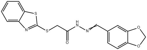 N-[(E)-1,3-benzodioxol-5-ylmethylideneamino]-2-(1,3-benzothiazol-2-ylsulfanyl)acetamide Structure