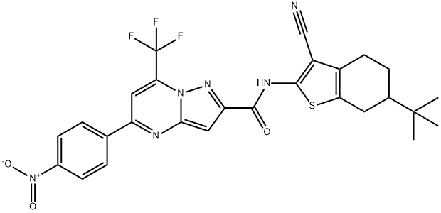 N-(6-tert-butyl-3-cyano-4,5,6,7-tetrahydro-1-benzothiophen-2-yl)-5-(4-nitrophenyl)-7-(trifluoromethyl)pyrazolo[1,5-a]pyrimidine-2-carboxamide 结构式