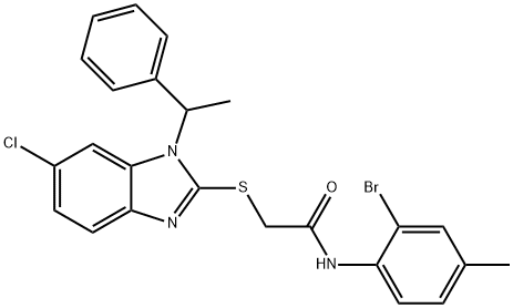 N-(2-bromo-4-methylphenyl)-2-[6-chloro-1-(1-phenylethyl)benzimidazol-2-yl]sulfanylacetamide 化学構造式