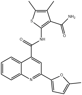 N-(3-carbamoyl-4,5-dimethylthiophen-2-yl)-2-(5-methylfuran-2-yl)quinoline-4-carboxamide Struktur