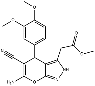 methyl 2-[6-amino-5-cyano-4-(3,4-dimethoxyphenyl)-2,4-dihydropyrano[2,3-c]pyrazol-3-yl]acetate 化学構造式