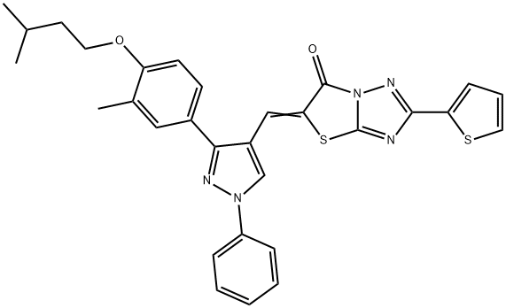 (5Z)-5-[[3-[3-methyl-4-(3-methylbutoxy)phenyl]-1-phenylpyrazol-4-yl]methylidene]-2-thiophen-2-yl-[1,3]thiazolo[3,2-b][1,2,4]triazol-6-one Struktur