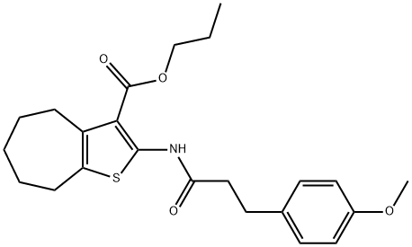 propyl 2-[3-(4-methoxyphenyl)propanoylamino]-5,6,7,8-tetrahydro-4H-cyclohepta[b]thiophene-3-carboxylate 化学構造式