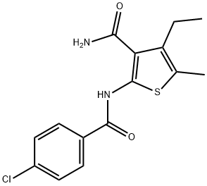 2-[(4-chlorobenzoyl)amino]-4-ethyl-5-methylthiophene-3-carboxamide Struktur