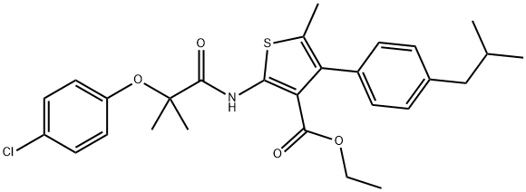 ethyl 2-[[2-(4-chlorophenoxy)-2-methylpropanoyl]amino]-5-methyl-4-[4-(2-methylpropyl)phenyl]thiophene-3-carboxylate|