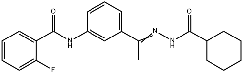 N-[3-[(E)-N-(cyclohexanecarbonylamino)-C-methylcarbonimidoyl]phenyl]-2-fluorobenzamide 化学構造式