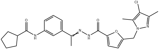 5-[(4-chloro-3,5-dimethylpyrazol-1-yl)methyl]-N-[(Z)-1-[3-(cyclopentanecarbonylamino)phenyl]ethylideneamino]furan-2-carboxamide Structure