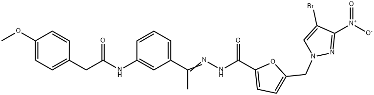 5-[(4-bromo-3-nitropyrazol-1-yl)methyl]-N-[(Z)-1-[3-[[2-(4-methoxyphenyl)acetyl]amino]phenyl]ethylideneamino]furan-2-carboxamide,514840-10-9,结构式