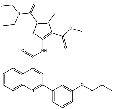 methyl 5-(diethylcarbamoyl)-4-methyl-2-[[2-(3-propoxyphenyl)quinoline-4-carbonyl]amino]thiophene-3-carboxylate 化学構造式