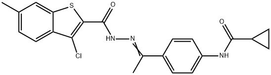3-chloro-N-[(Z)-1-[4-(cyclopropanecarbonylamino)phenyl]ethylideneamino]-6-methyl-1-benzothiophene-2-carboxamide 化学構造式