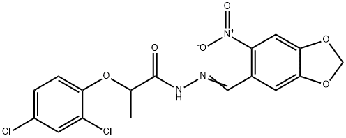 2-(2,4-dichlorophenoxy)-N-[(E)-(6-nitro-1,3-benzodioxol-5-yl)methylideneamino]propanamide 化学構造式