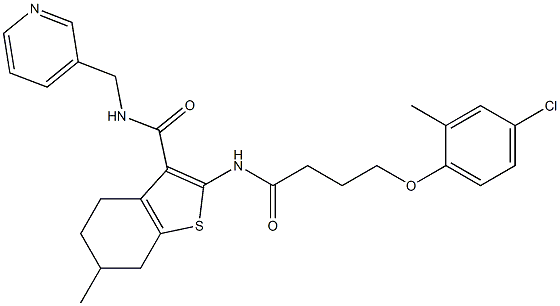 2-[4-(4-chloro-2-methylphenoxy)butanoylamino]-6-methyl-N-(pyridin-3-ylmethyl)-4,5,6,7-tetrahydro-1-benzothiophene-3-carboxamide 化学構造式