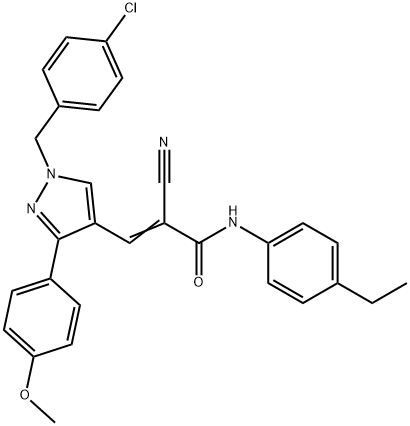 (E)-3-[1-[(4-chlorophenyl)methyl]-3-(4-methoxyphenyl)pyrazol-4-yl]-2-cyano-N-(4-ethylphenyl)prop-2-enamide 结构式