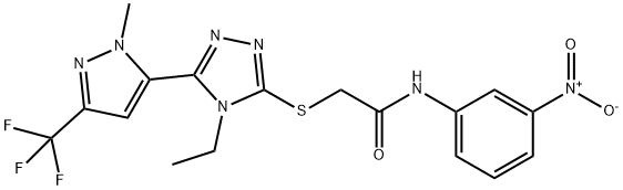 2-[[4-ethyl-5-[2-methyl-5-(trifluoromethyl)pyrazol-3-yl]-1,2,4-triazol-3-yl]sulfanyl]-N-(3-nitrophenyl)acetamide 化学構造式