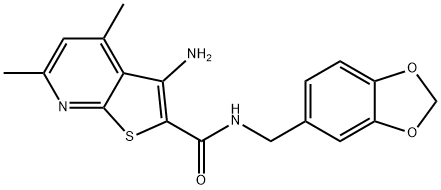 3-amino-N-(1,3-benzodioxol-5-ylmethyl)-4,6-dimethylthieno[2,3-b]pyridine-2-carboxamide Struktur