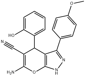 6-amino-4-(2-hydroxyphenyl)-3-(4-methoxyphenyl)-2,4-dihydropyrano[2,3-c]pyrazole-5-carbonitrile Struktur