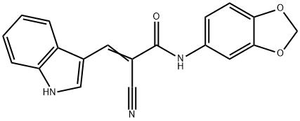 (E)-N-(1,3-benzodioxol-5-yl)-2-cyano-3-(1H-indol-3-yl)prop-2-enamide 化学構造式