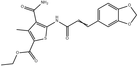 ethyl 5-[[(E)-3-(1,3-benzodioxol-5-yl)prop-2-enoyl]amino]-4-carbamoyl-3-methylthiophene-2-carboxylate,680994-09-6,结构式