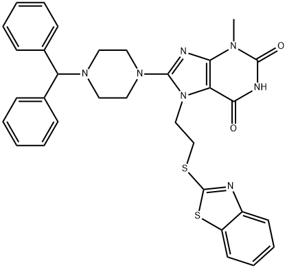 8-(4-benzhydrylpiperazin-1-yl)-7-[2-(1,3-benzothiazol-2-ylsulfanyl)ethyl]-3-methylpurine-2,6-dione,714942-22-0,结构式