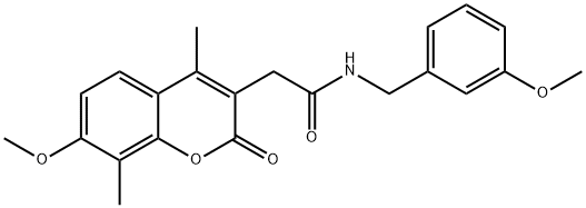 2-(7-methoxy-4,8-dimethyl-2-oxochromen-3-yl)-N-[(3-methoxyphenyl)methyl]acetamide 化学構造式
