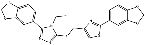 2-(1,3-benzodioxol-5-yl)-4-[[5-(1,3-benzodioxol-5-yl)-4-ethyl-1,2,4-triazol-3-yl]sulfanylmethyl]-1,3-thiazole Struktur