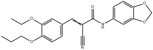 (Z)-N-(1,3-benzodioxol-5-yl)-2-cyano-3-(3-ethoxy-4-propoxyphenyl)prop-2-enamide 化学構造式