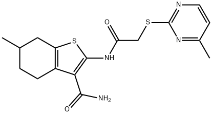 6-methyl-2-[[2-(4-methylpyrimidin-2-yl)sulfanylacetyl]amino]-4,5,6,7-tetrahydro-1-benzothiophene-3-carboxamide Structure